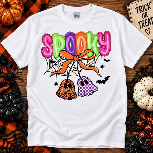 Spooky Ghost Bow Halloween Graphic Tee – Colorful Cute Halloween Shirt