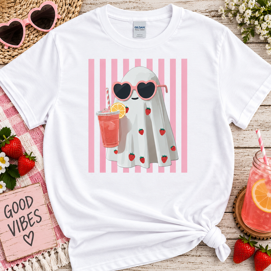 Cute Strawberry Ghost Tee – Pink Summerween Graphic Shirt