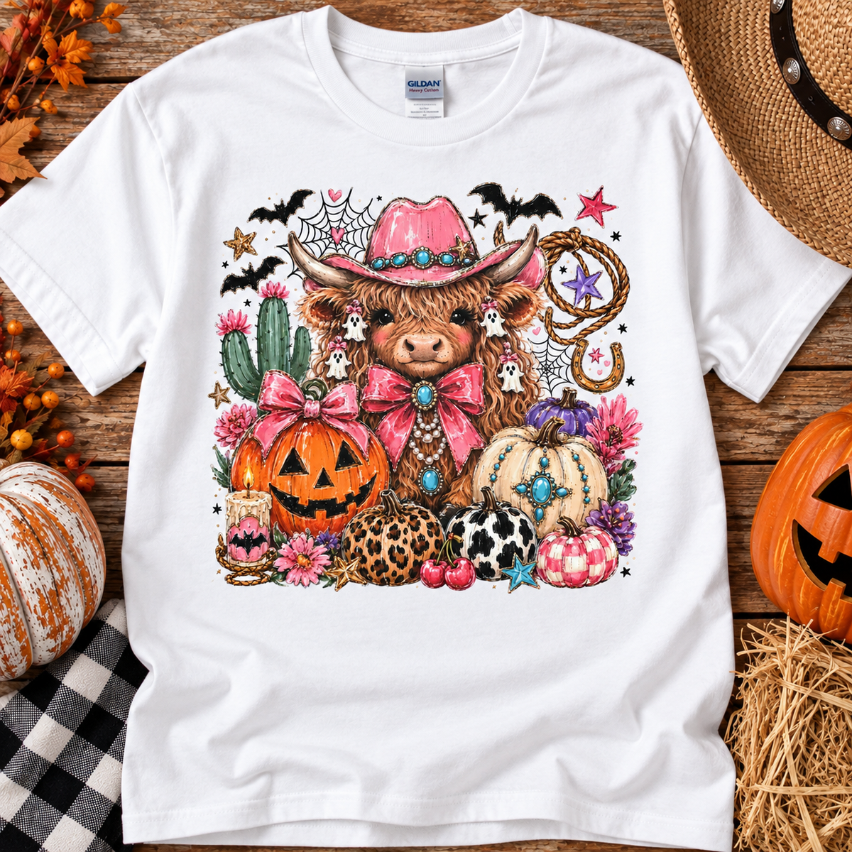 Western Highland Cow Halloween Graphic Tee – Cute Spooky Pumpkin Shirt
