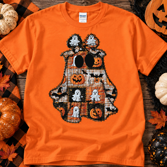 Quilted Ghost Halloween Tee – Patchwork Pumpkin & Spooky Graphic Shirt