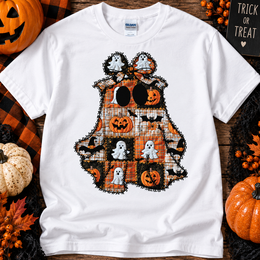 Quilted Ghost Halloween Tee – Patchwork Pumpkin & Spooky Graphic Shirt