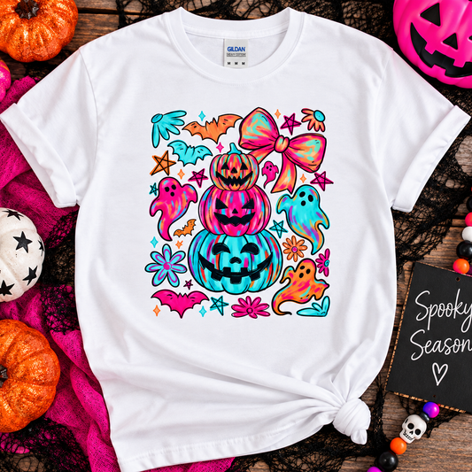 Retro Colorful Halloween Tee – Cute Spooky Pumpkin & Ghost Shirt