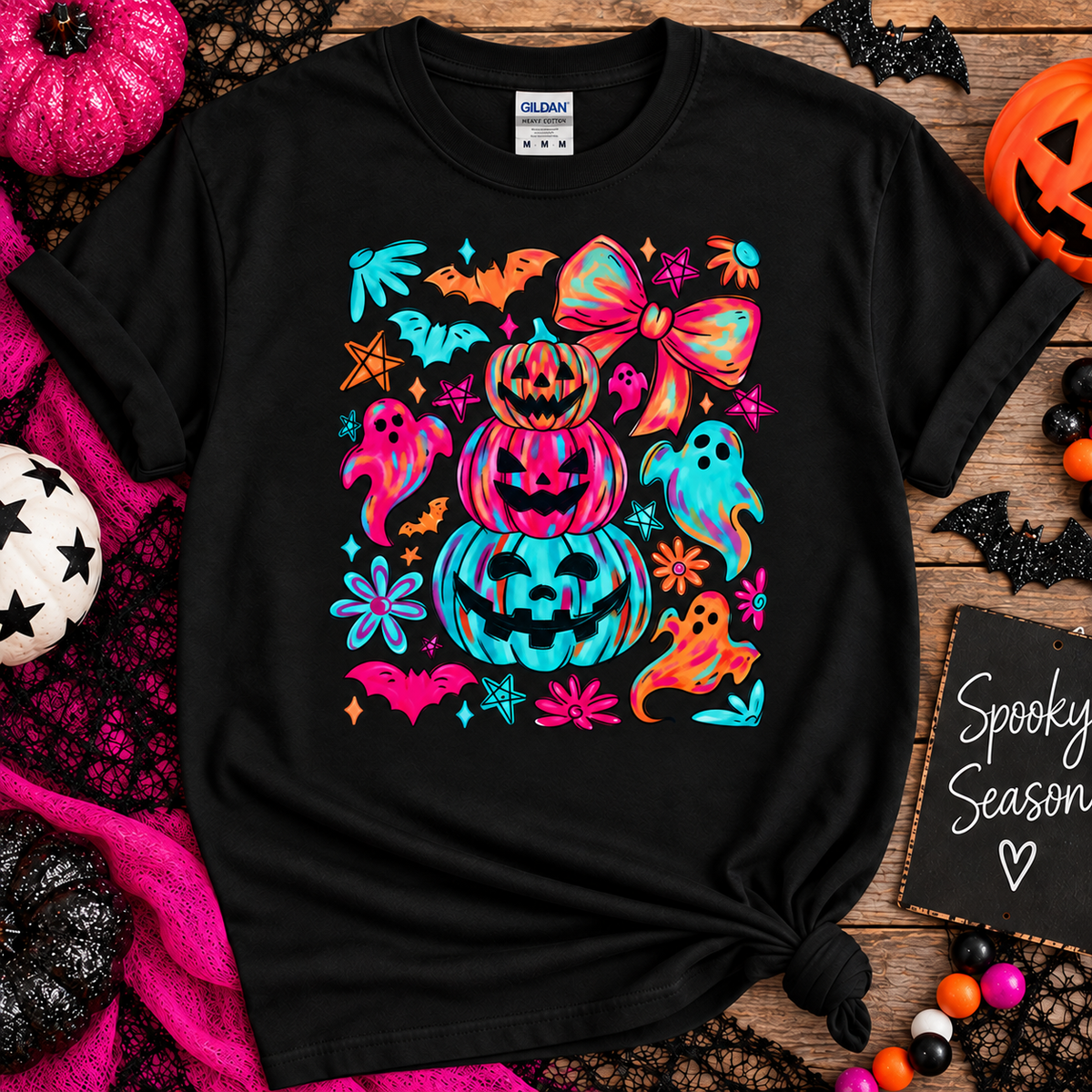 Retro Colorful Halloween Tee – Cute Spooky Pumpkin & Ghost Shirt