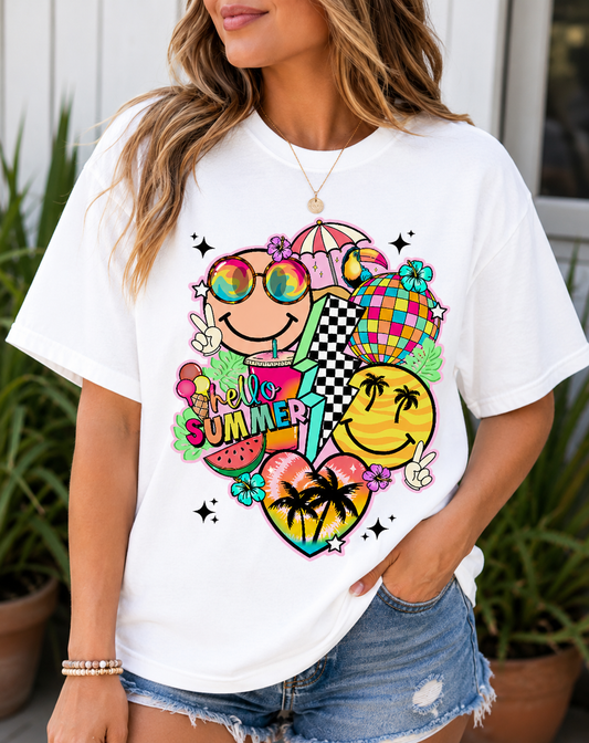 Hello Summer Retro Smiley Tropical Graphic Tee