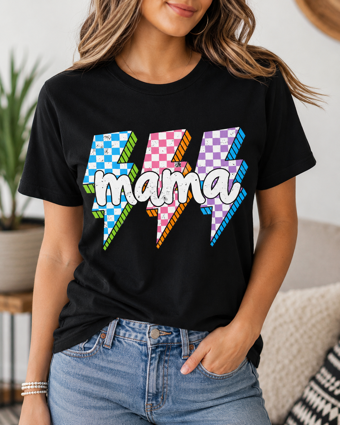 Retro Checkered Lightning Mama Tee