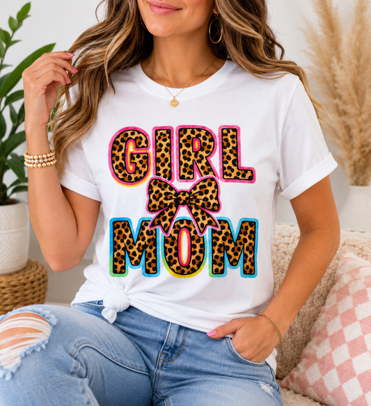 Girl Mom Leopard Bow Graphic Tee