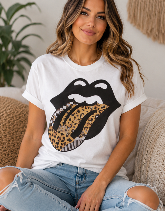 Leopard Print Rock Lips Graphic Tee