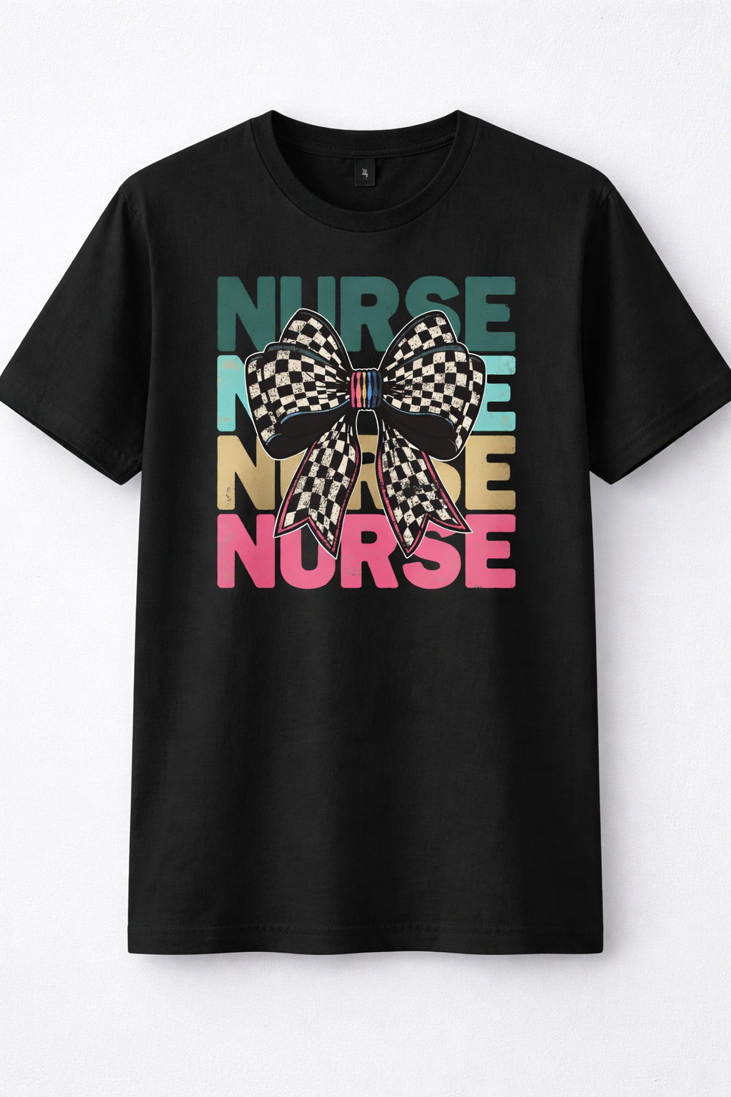 Retro Checkered Bow Nurse Graphic Tee | Trendy Distressed Design