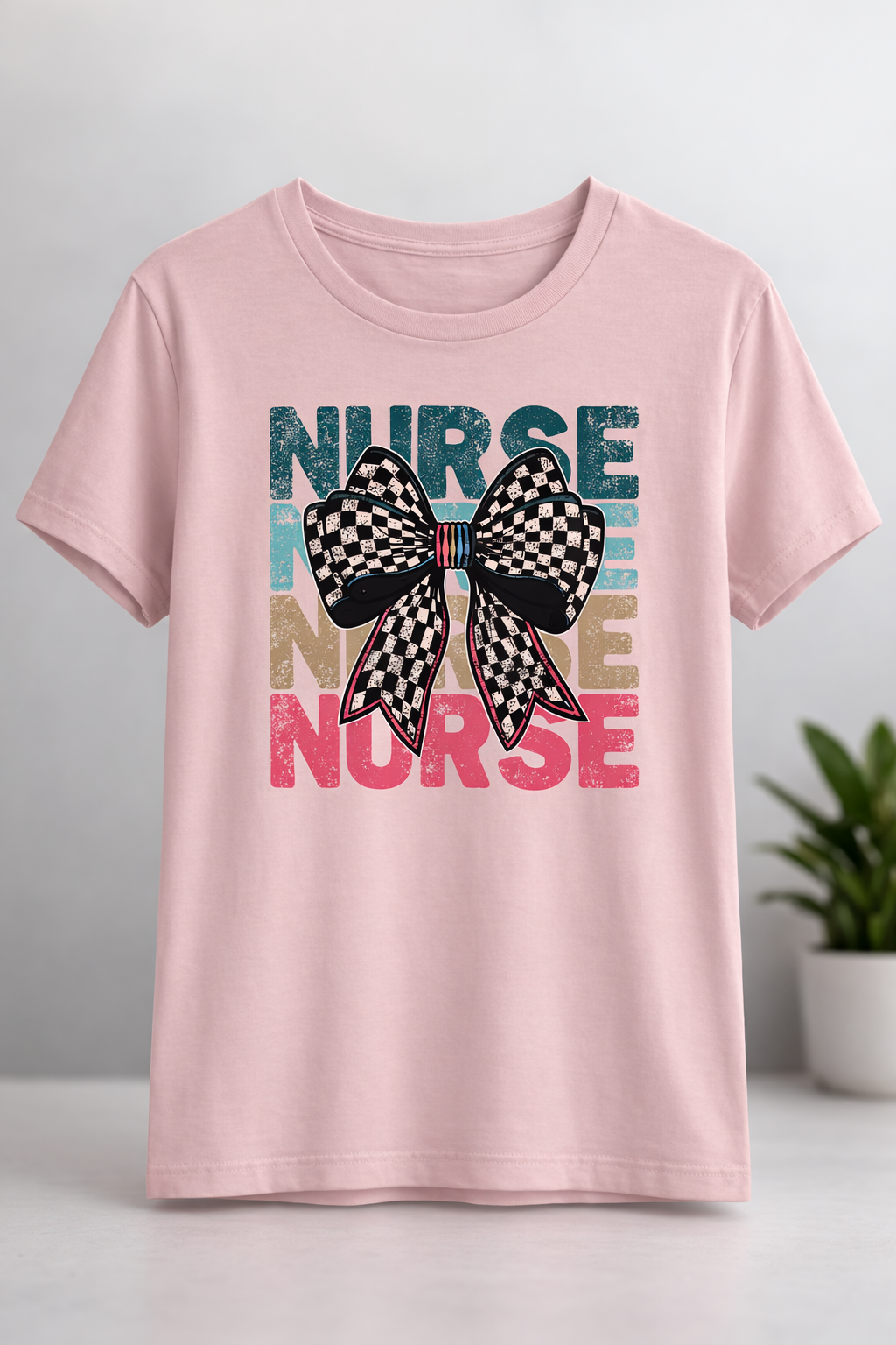 Retro Checkered Bow Nurse Graphic Tee | Trendy Distressed Design