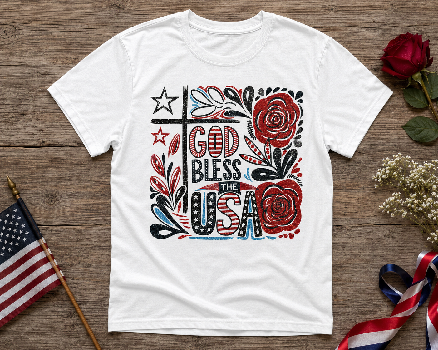 God Bless the USA Glitter Patriotic Floral Graphic Tee | Christian Fourth of July Shirt
