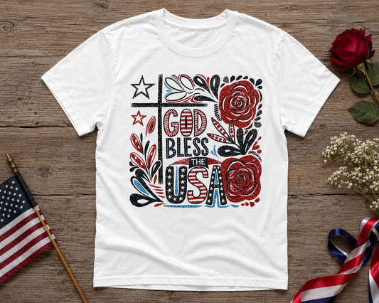 God Bless the USA Glitter Patriotic Floral Graphic Tee | Christian Fourth of July Shirt
