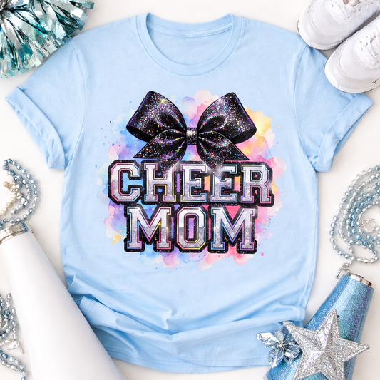 Sparkle Cheer Mom Bow Shirt | Glitter Cheerleading Mom Graphic Tee