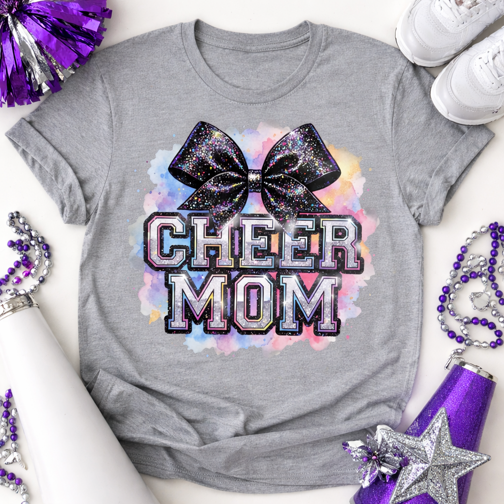 Sparkle Cheer Mom Bow Shirt | Glitter Cheerleading Mom Graphic Tee