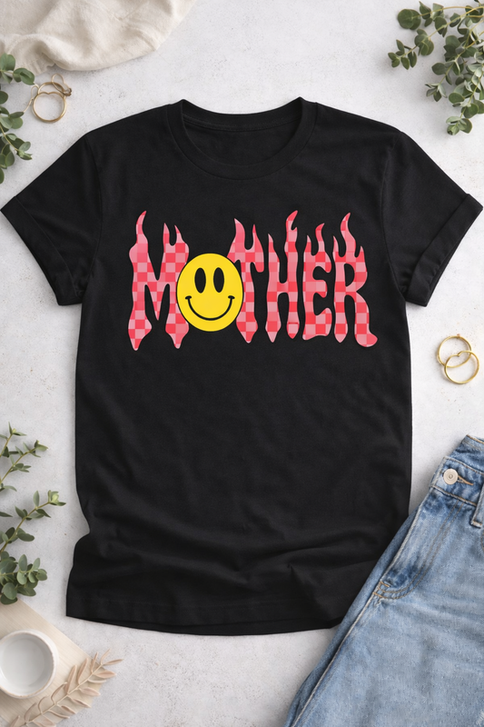 Checkered Mother Tee | Retro Smiley Mom Shirt
