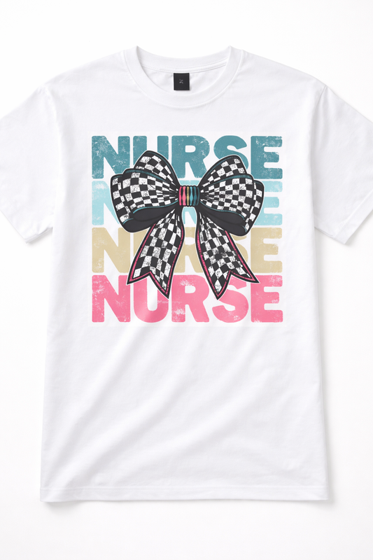 Retro Checkered Bow Nurse Graphic Tee | Trendy Distressed Design