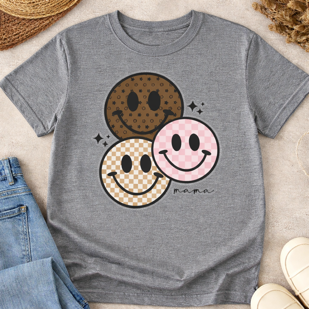 Smiley Mama Shirt | Checkered Happy Face Mom Graphic Tee | Neutral Aesthetic Mama Shirt