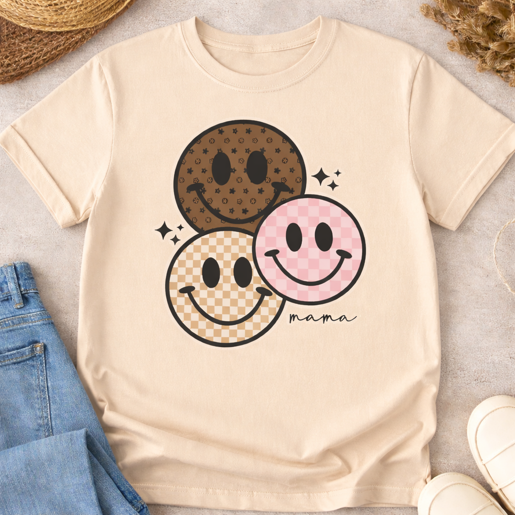 Smiley Mama Shirt | Checkered Happy Face Mom Graphic Tee | Neutral Aesthetic Mama Shirt