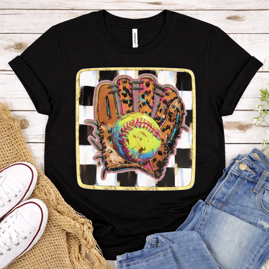 Leopard Print Softball Glove Graphic Tee | Colorful Softball Lover T-Shirt