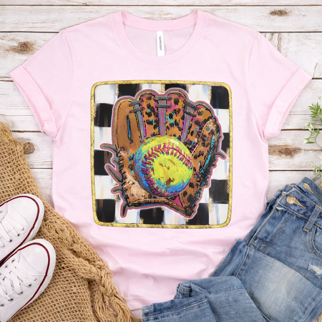 Leopard Print Softball Glove Graphic Tee | Colorful Softball Lover T-Shirt