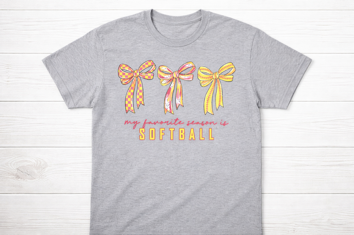“My Favorite Season Is Softball” Bow Graphic Tee | Cute Softball Mom Shirt | Softball Season T-Shirt | Game Day Sports Tee | Girls Softball Fan Shirt