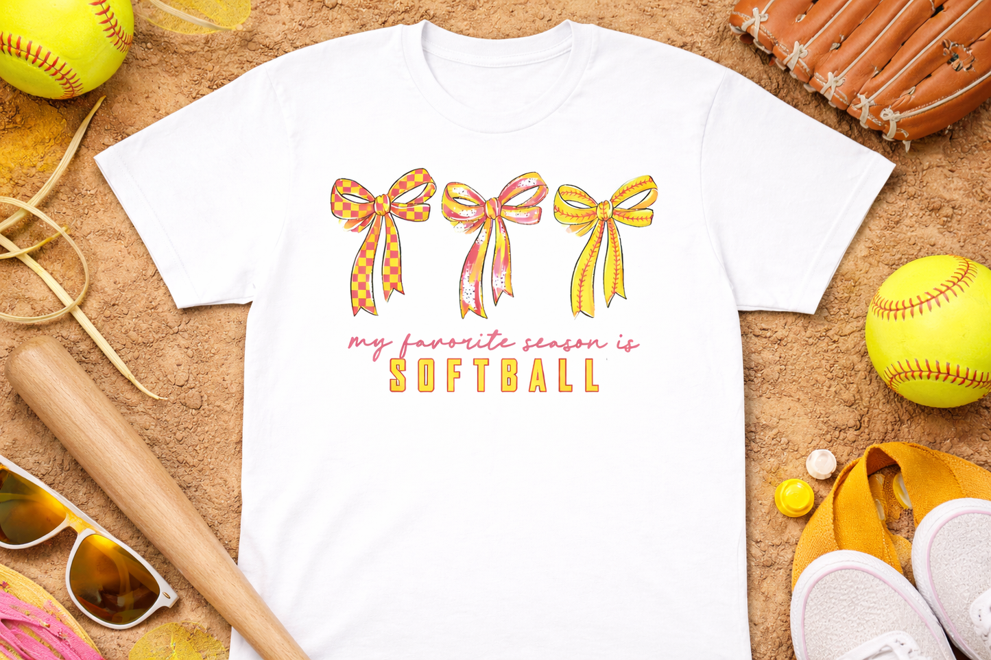 “My Favorite Season Is Softball” Bow Graphic Tee | Cute Softball Mom Shirt | Softball Season T-Shirt | Game Day Sports Tee | Girls Softball Fan Shirt