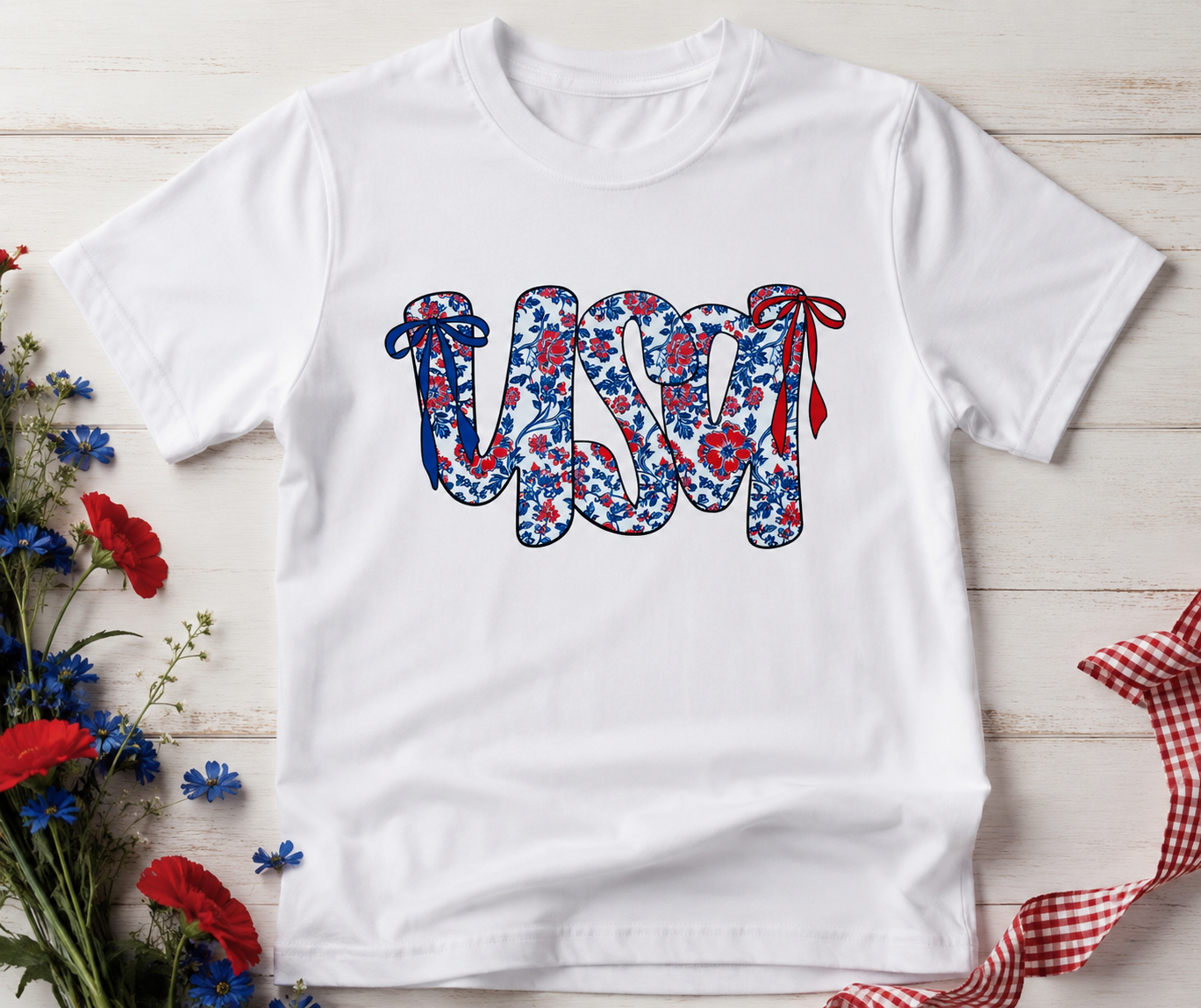 Floral USA Patriotic Graphic Tee | Cute Fourth of July Shirt for Women