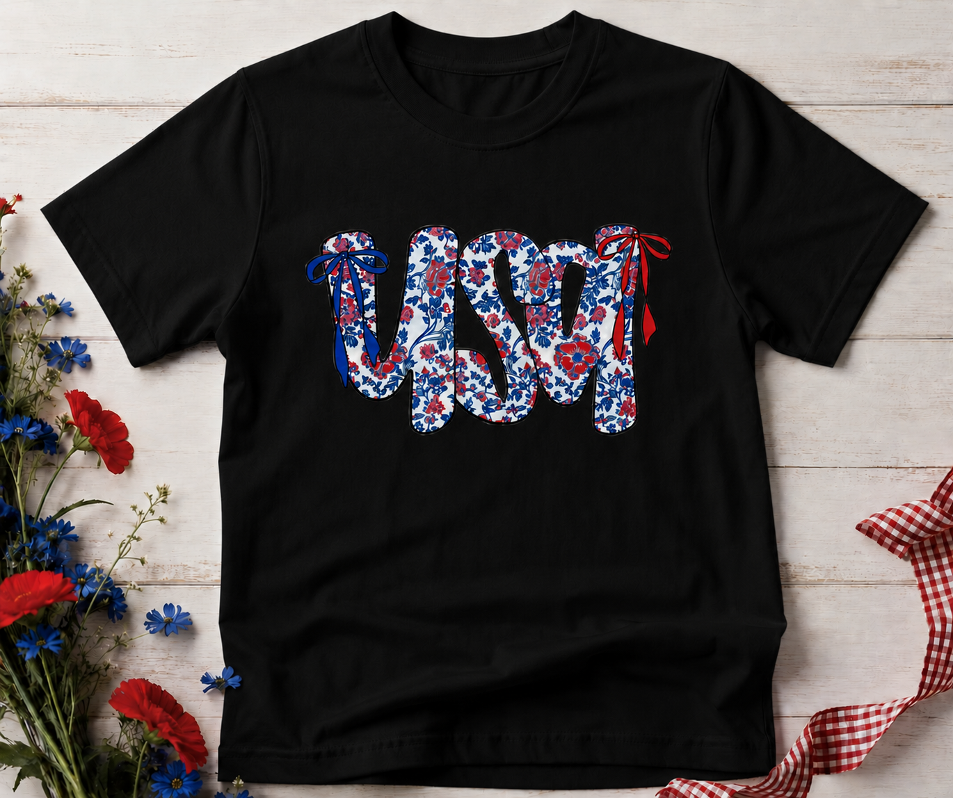 Floral USA Patriotic Graphic Tee | Cute Fourth of July Shirt for Women