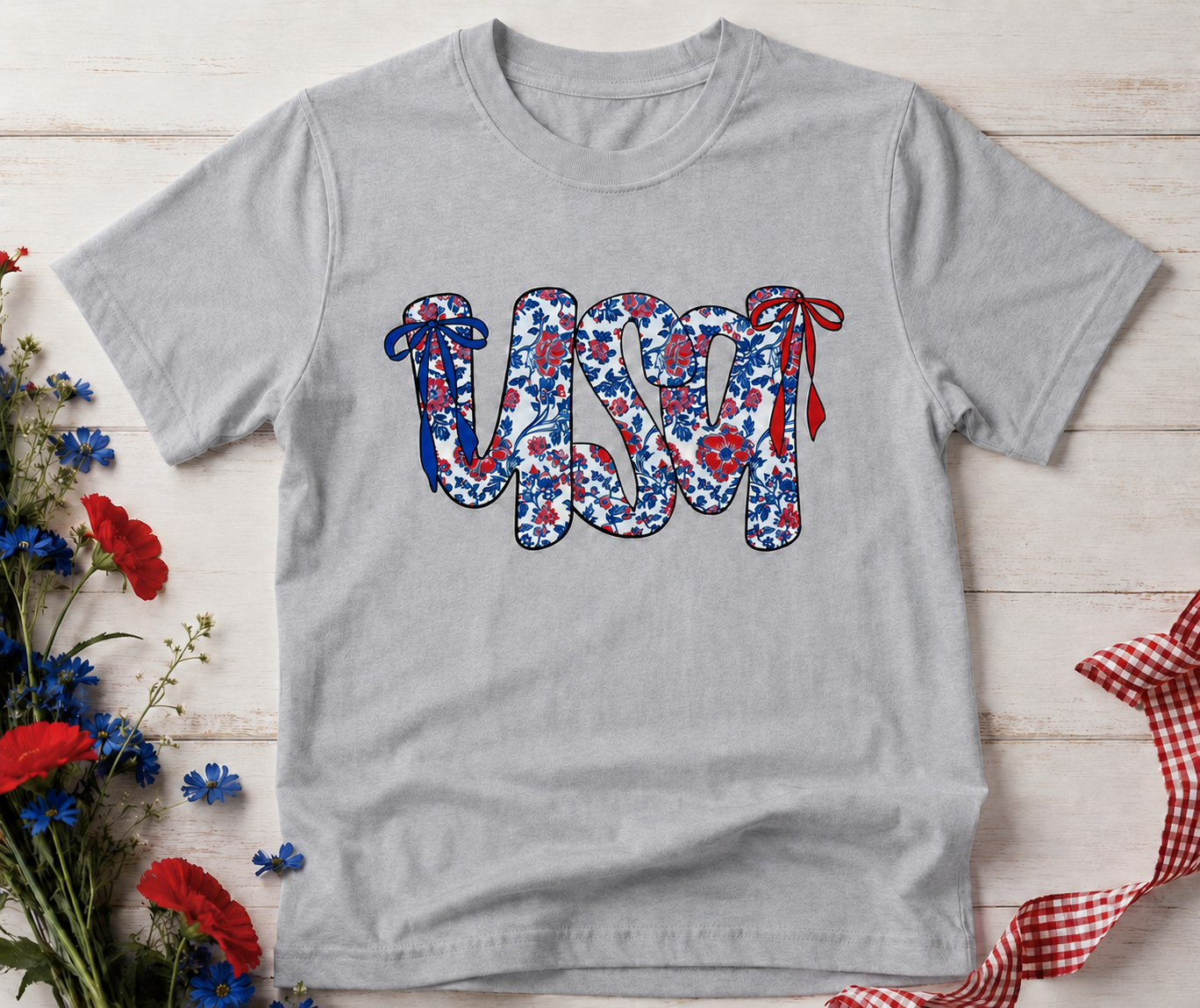 Floral USA Patriotic Graphic Tee | Cute Fourth of July Shirt for Women