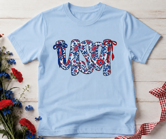 Floral USA Patriotic Graphic Tee | Cute Fourth of July Shirt for Women