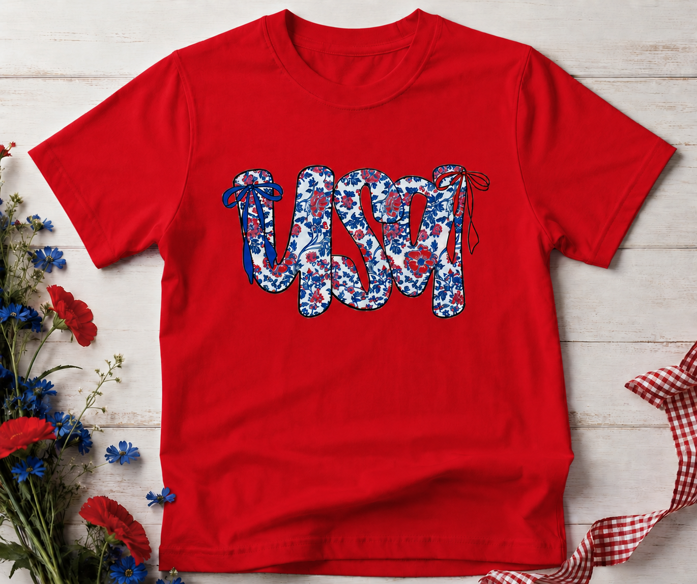 Floral USA Patriotic Graphic Tee | Cute Fourth of July Shirt for Women