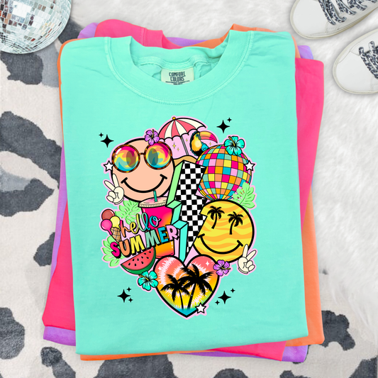 Hello Summer Retro Smiley Tropical Graphic Tee