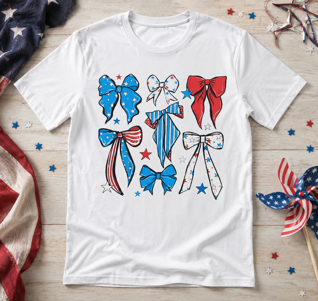 Patriotic Bows Graphic Tee | Cute Red White & Blue Fourth of July Shirt