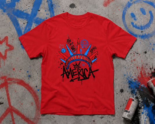 Graffiti America Patriotic Graphic Tee | Trendy Red White & Blue Fourth of July Shirt for Women & Men