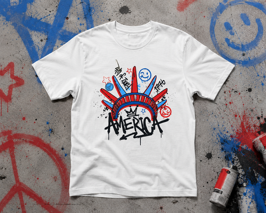 Graffiti America Patriotic Graphic Tee | Trendy Red White & Blue Fourth of July Shirt for Women & Men