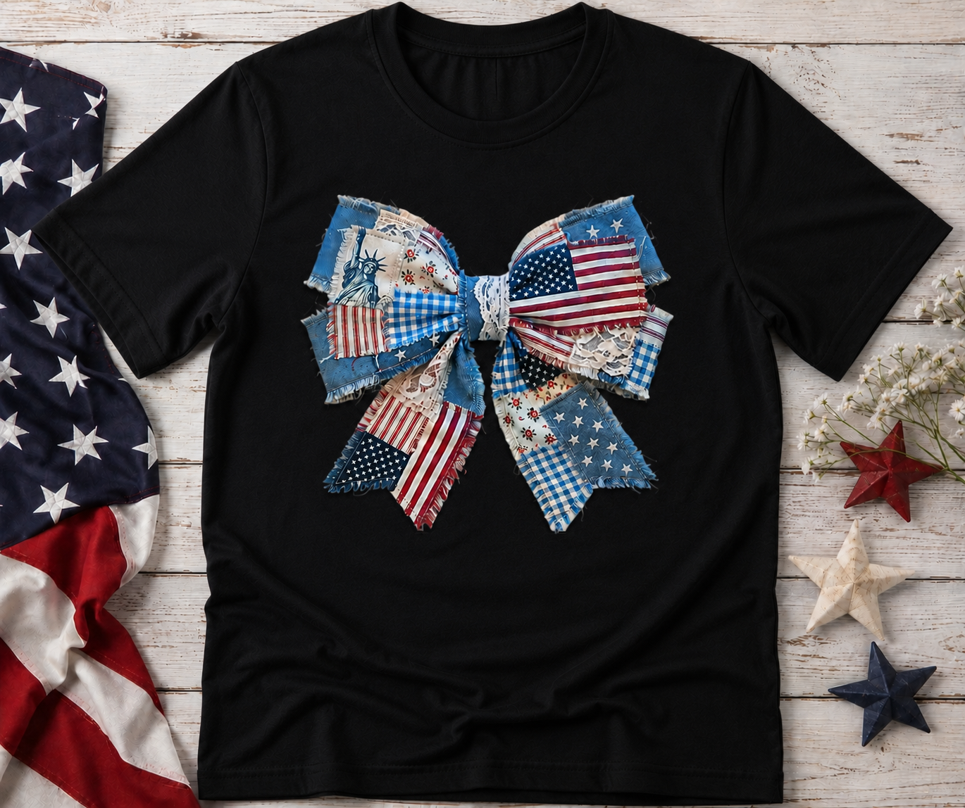 Patriotic Patchwork Bow Graphic Tee | Cute Americana Fourth of July Shirt