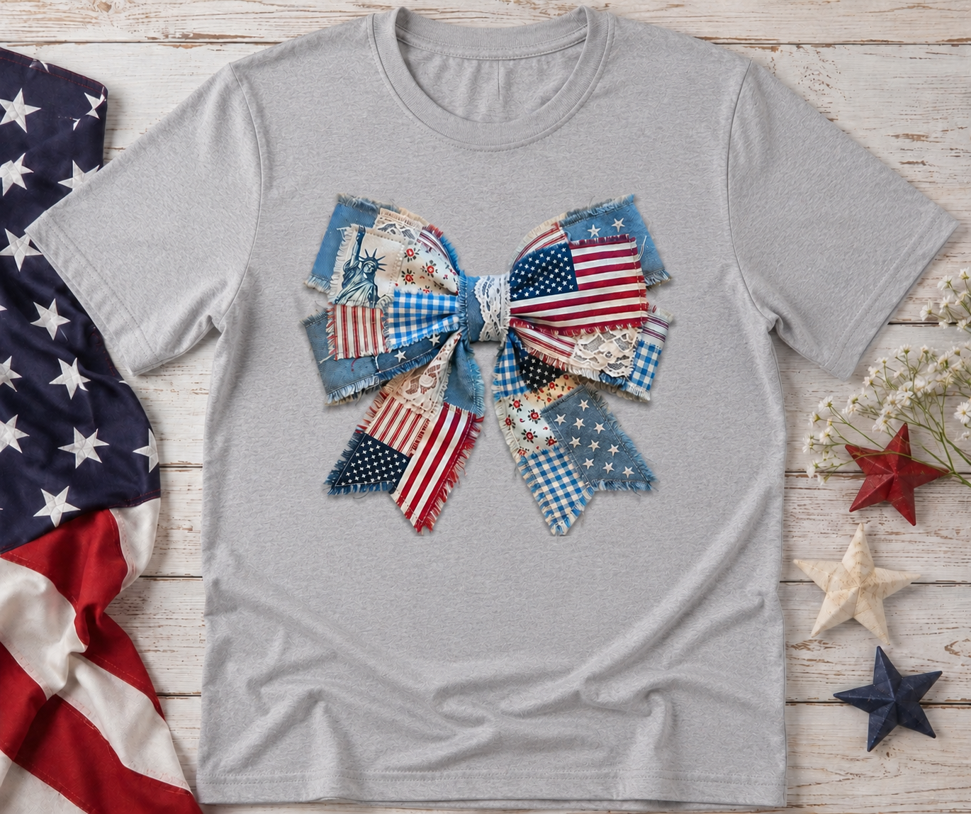 Patriotic Patchwork Bow Graphic Tee | Cute Americana Fourth of July Shirt