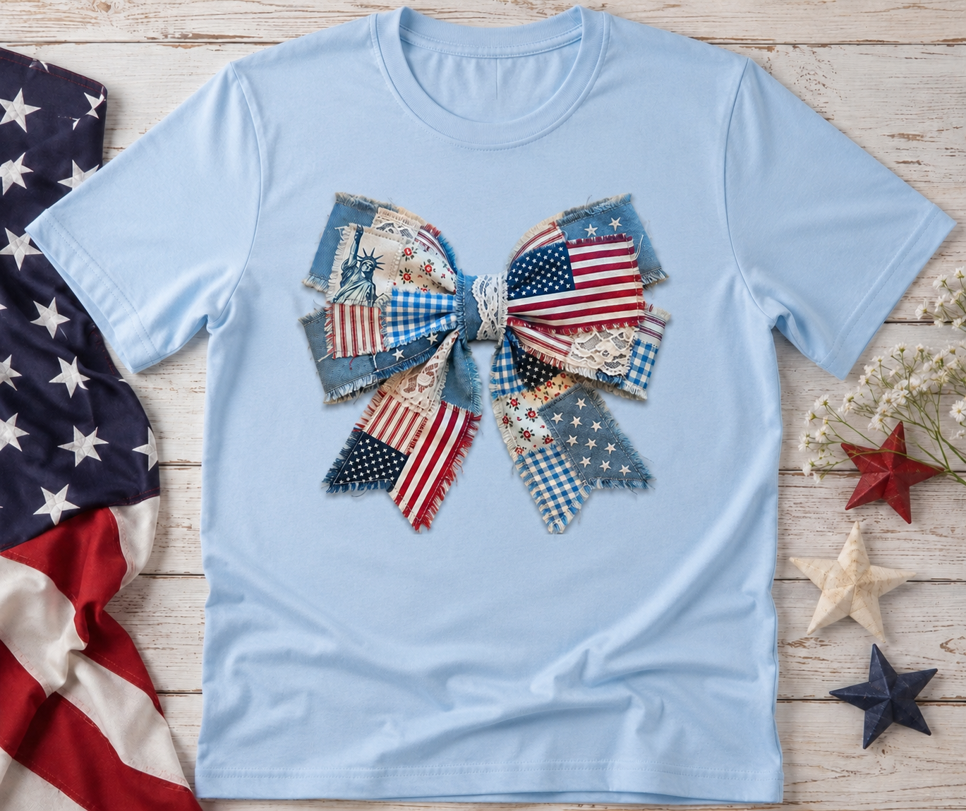 Patriotic Patchwork Bow Graphic Tee | Cute Americana Fourth of July Shirt