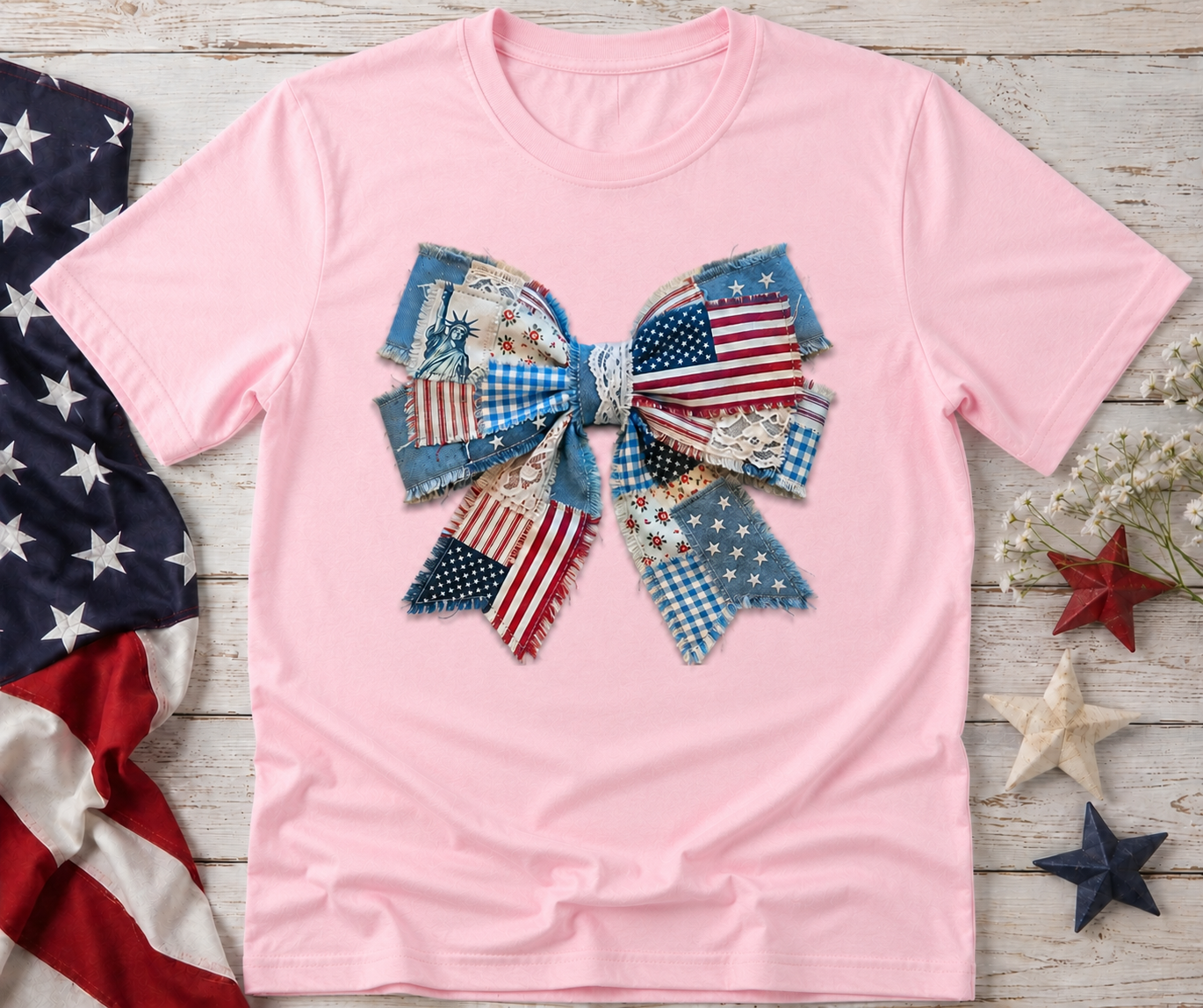 Patriotic Patchwork Bow Graphic Tee | Cute Americana Fourth of July Shirt