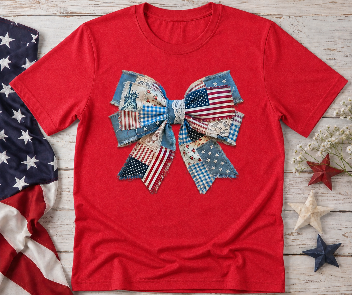 Patriotic Patchwork Bow Graphic Tee | Cute Americana Fourth of July Shirt