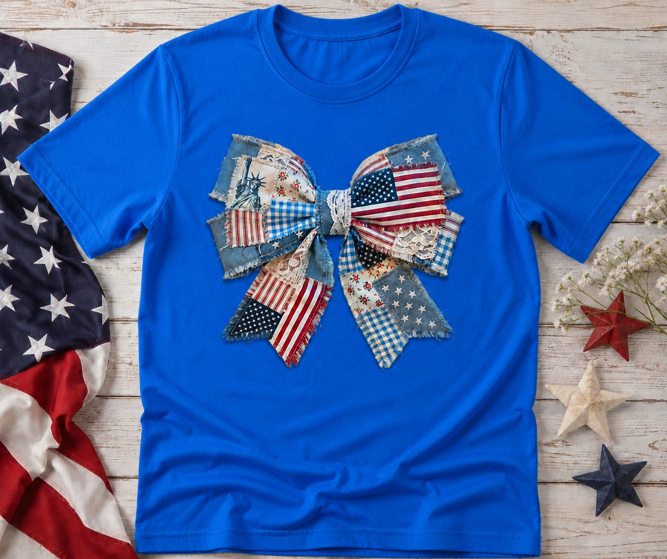 Patriotic Patchwork Bow Graphic Tee | Cute Americana Fourth of July Shirt