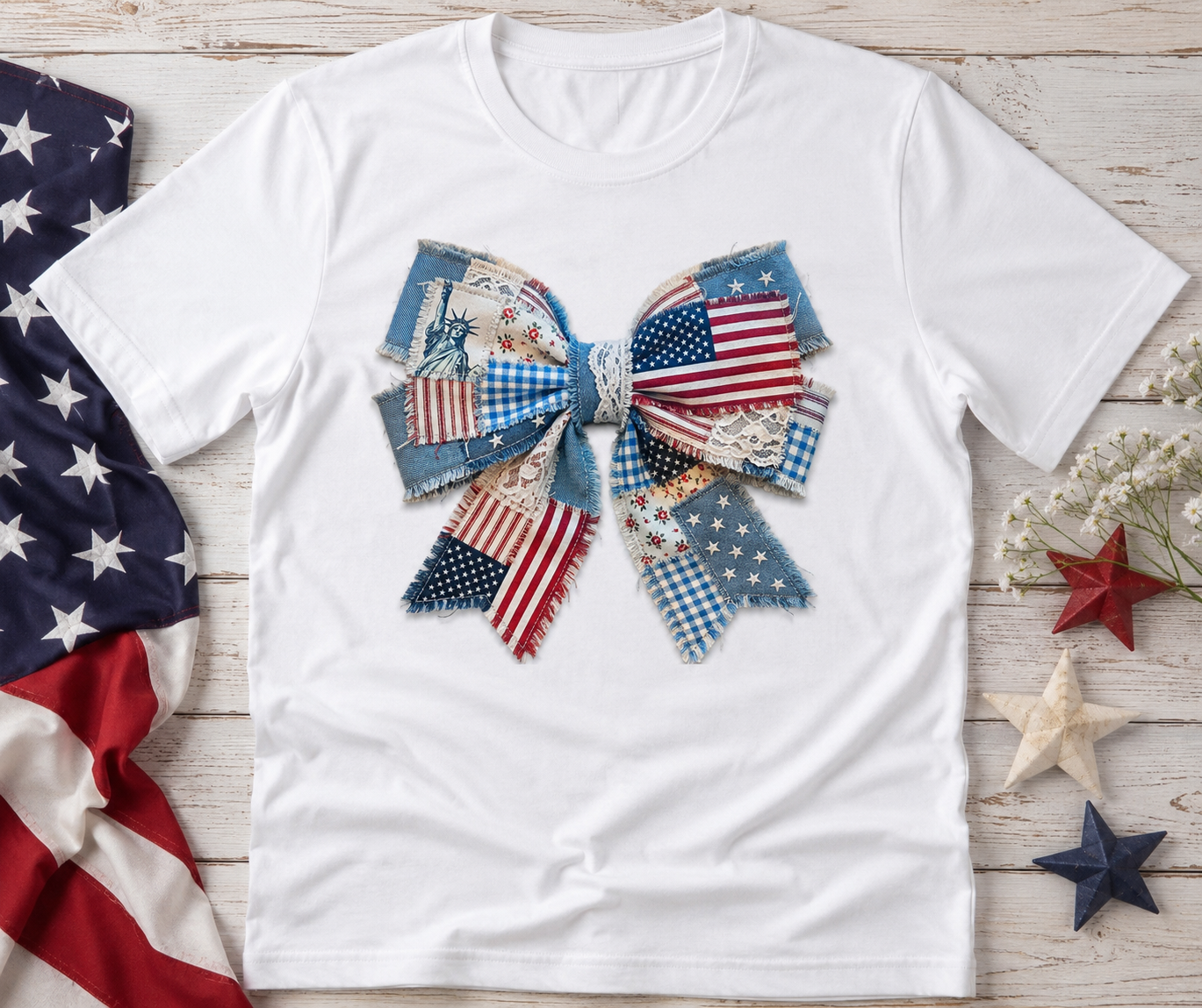 Patriotic Patchwork Bow Graphic Tee | Cute Americana Fourth of July Shirt