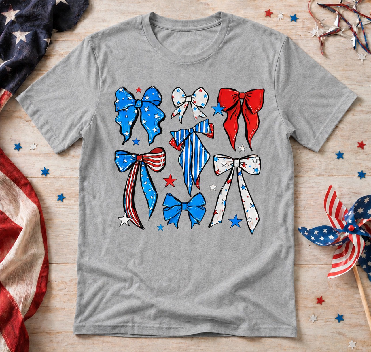 Patriotic Bows Graphic Tee | Cute Red White & Blue Fourth of July Shirt