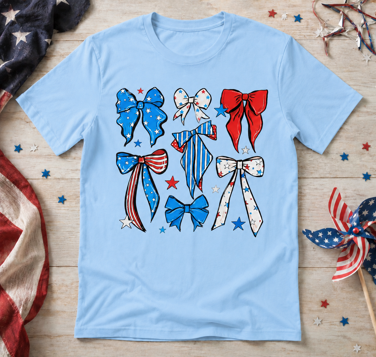 Patriotic Bows Graphic Tee | Cute Red White & Blue Fourth of July Shirt