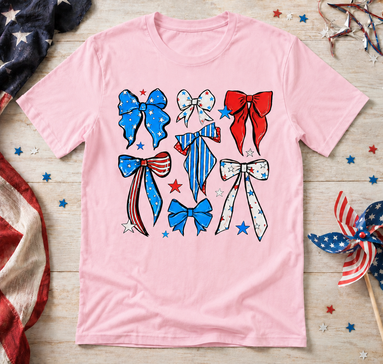 Patriotic Bows Graphic Tee | Cute Red White & Blue Fourth of July Shirt