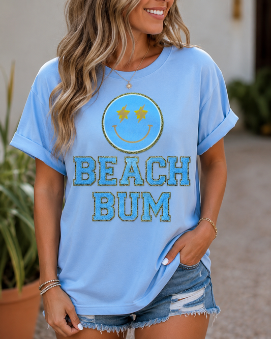 Beach Bum Faux Glitter Textured Graphic T-Shirt | Vintage Coastal Summer Tee