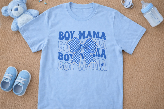 Boy Mama Shirt – Blue Bow Checkered Mom Graphic Tee
