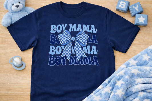 Boy Mama Shirt – Blue Bow Checkered Mom Graphic Tee