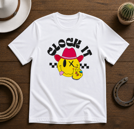 Clock It Western Smiley Shirt – Funny Cowboy/Cowgirl Graphic Tee
