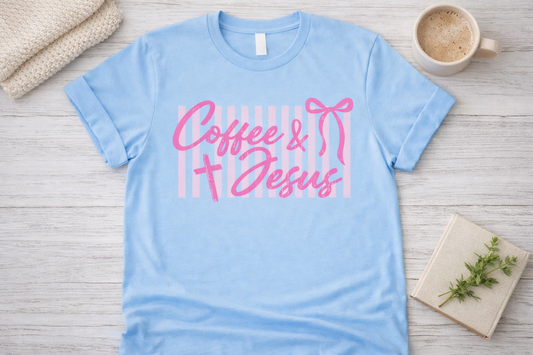 Coffee and Jesus Shirt Cute Christian Graphic Tee | Faith Based Pink Bow Shirt