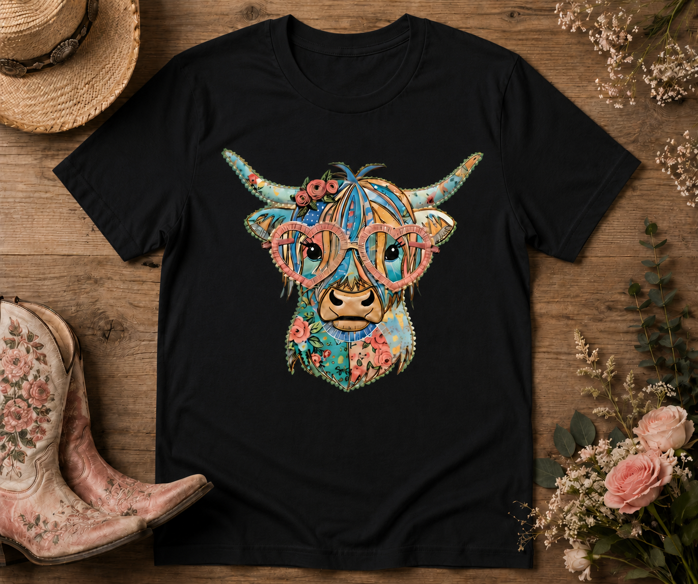 Cute Highland Cow Graphic Tee – Floral Shirt